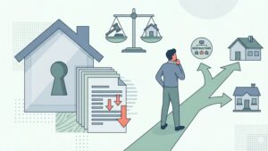 Современная иллюстрация, изображающая дом, символизирующий ипотеку и банкротство, реструктуризация долга.