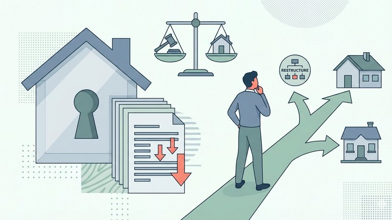 Современная иллюстрация, изображающая дом, символизирующий ипотеку и банкротство, реструктуризация долга.