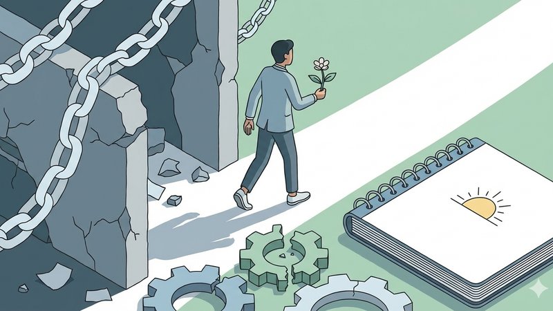 Светлый минималистичный рисунок, символизирующий избавление от долгов и новый старт в жизни.