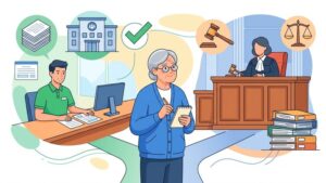 Иллюстрация пожилого человека, выбирающего между оформлением банкротства через МФЦ или в судебном порядке