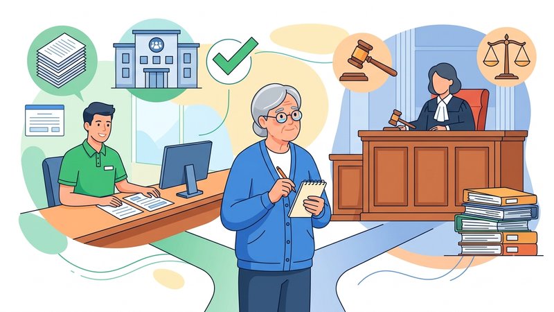 Иллюстрация пожилого человека, выбирающего между оформлением банкротства через МФЦ или в судебном порядке