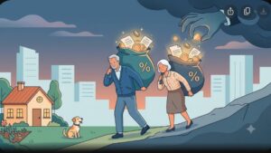 Иллюстрация о рисках кредитов и микрозаймов для пенсионеров в современном минималистичном стиле